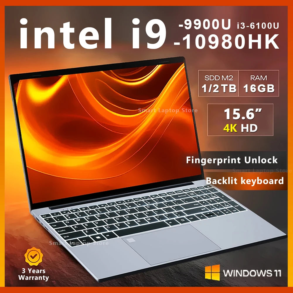 15.6"Laptop Intel i9 10980HK/i9 9900U/i3 Windows 11 Gamer PC 16GB RAM Computer 1TB 2TB SSD Fingerprint Unlock Keyboard Backlight