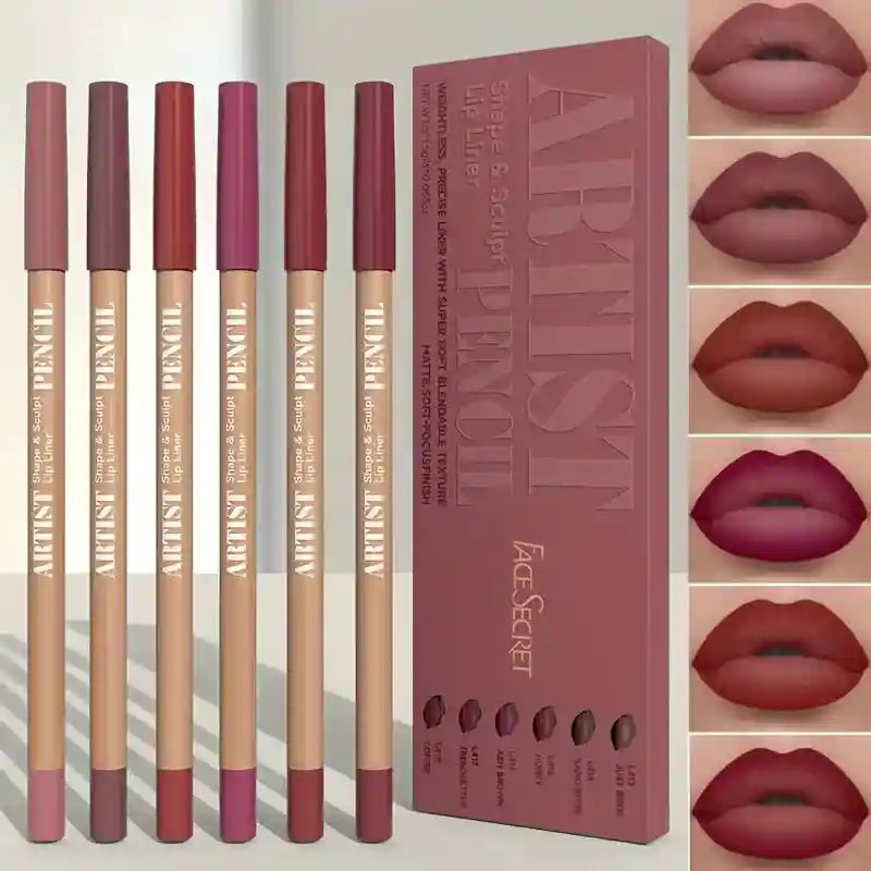 6-piece velvet matte lip liner set in assorted nude to berry shades for long-lasting, non-drying lip definition.