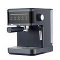 Modern matte grey espresso machine with touch control panel, steam wand, and removable water tank.