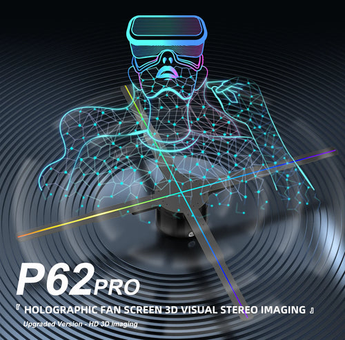 62cm holographic fan screen with neon outline figure and swirling 3D light beams