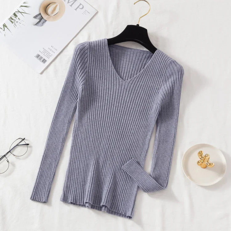 2026 Casual Long Sleeve Knitted V Neck Pullover Autumn Winter Women Sweaters Femme Basic Solid Jersey Tops Fashion Clothes