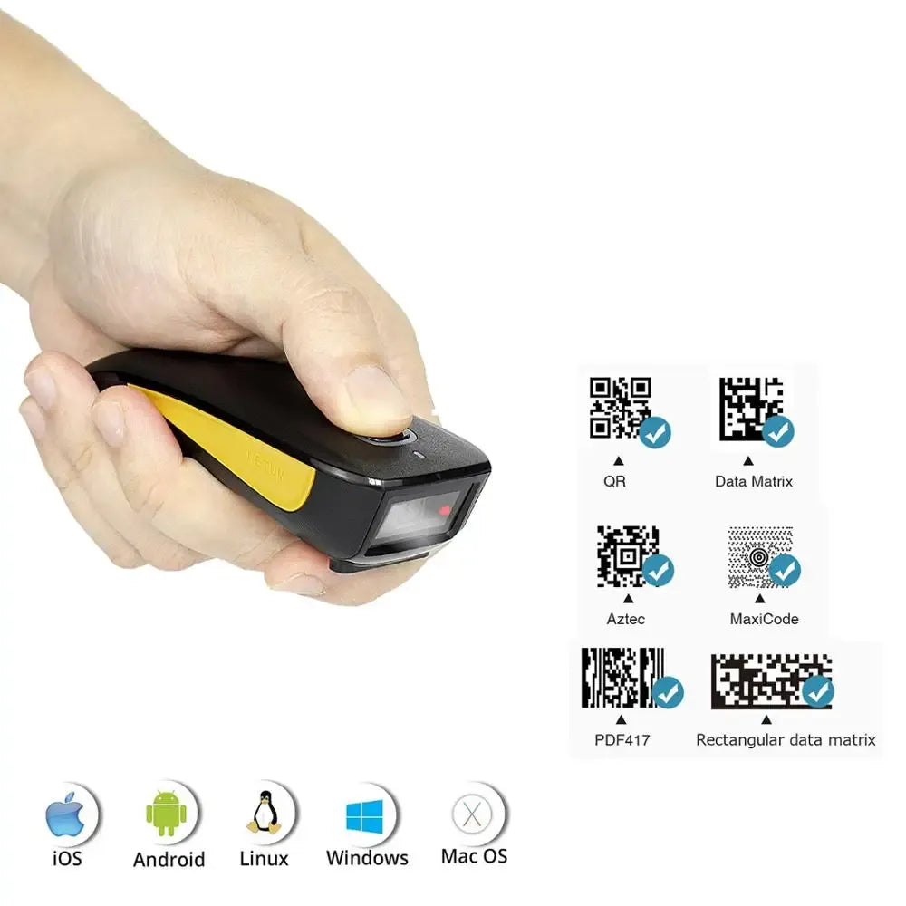 Handheld wireless 2D barcode scanner with yellow accent and trigger button