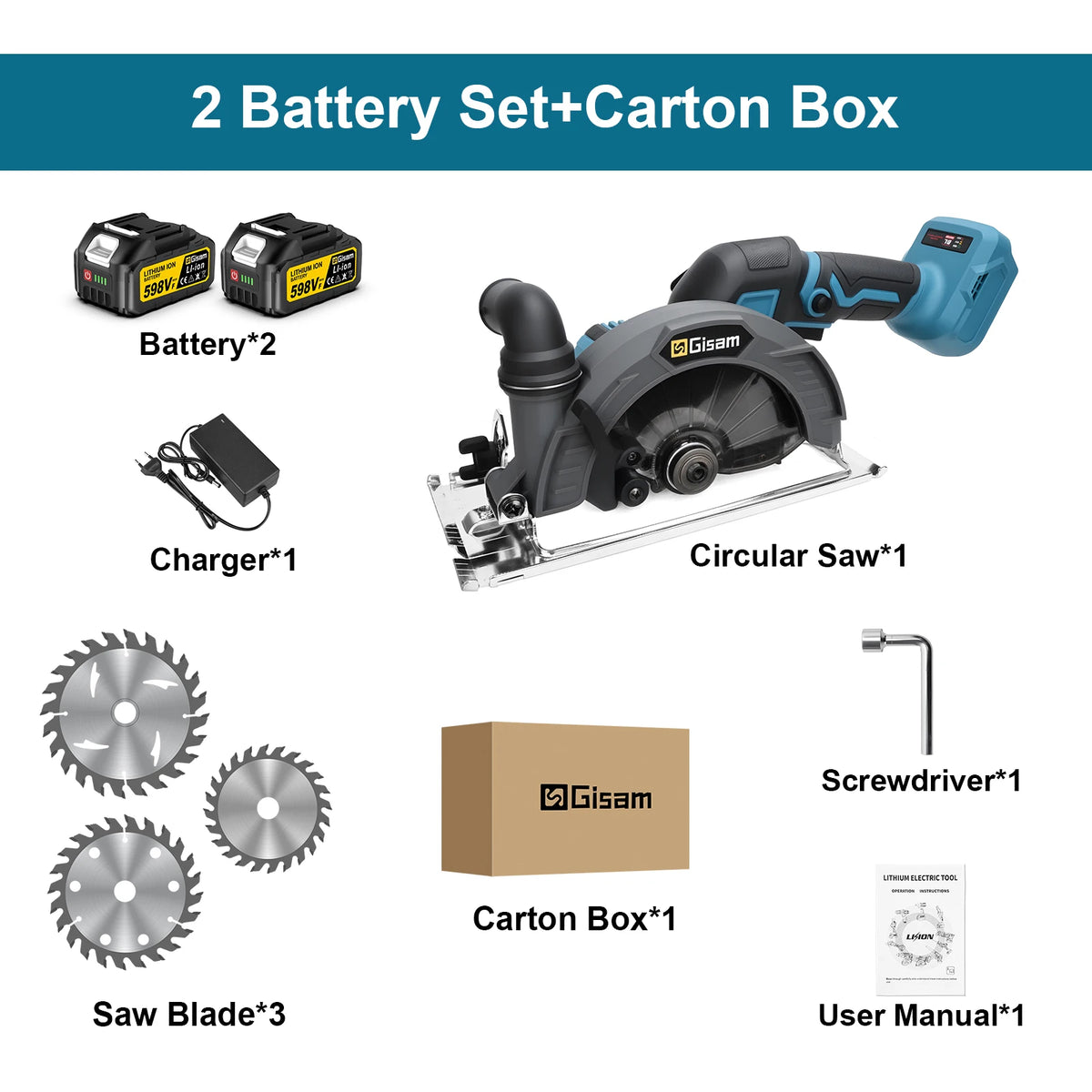 Cordless circular saw 2-battery kit with charger, saw blades, screwdriver, and user manual