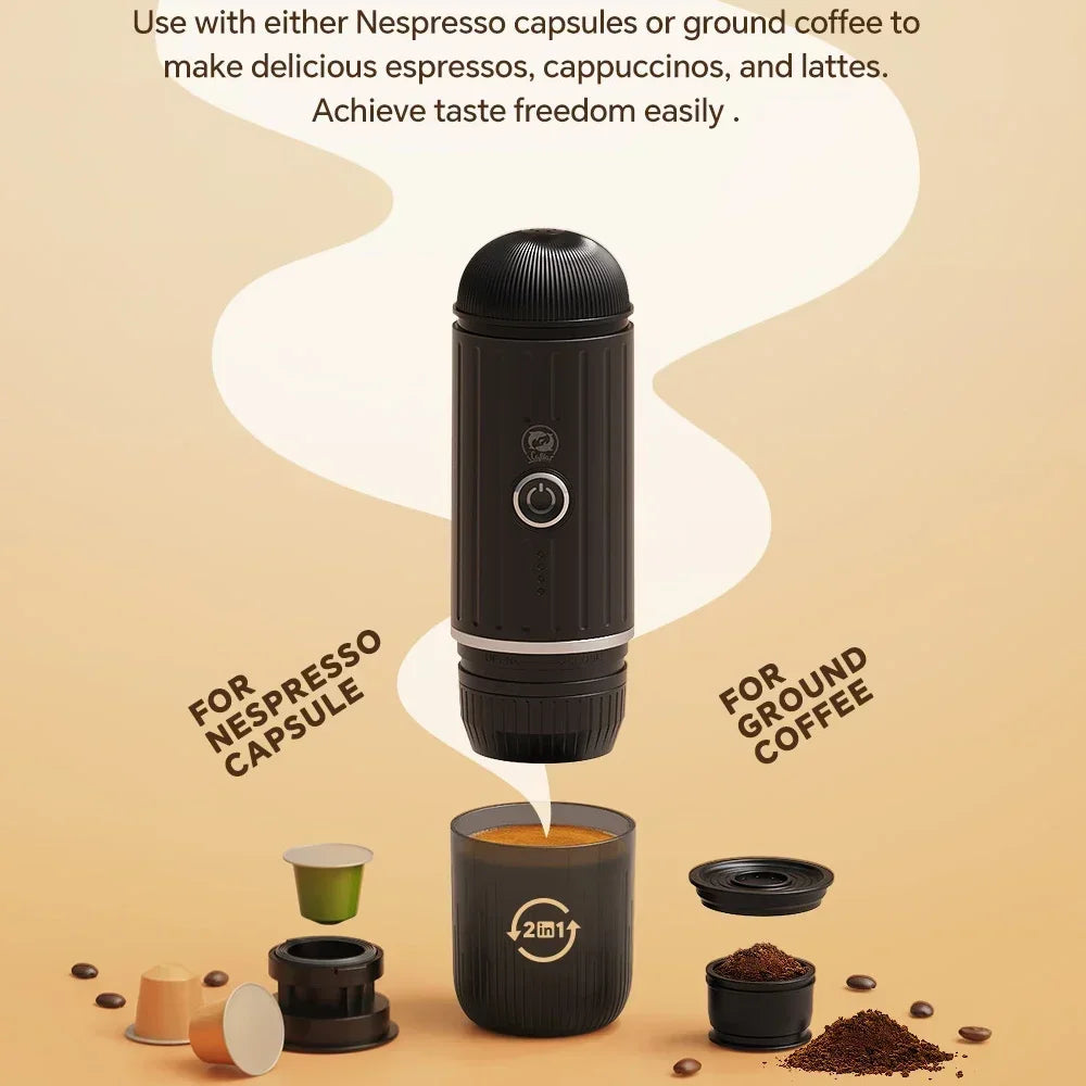 Black portable 2-in-1 espresso maker for Nespresso capsules or ground coffee with integrated cup on beige background.