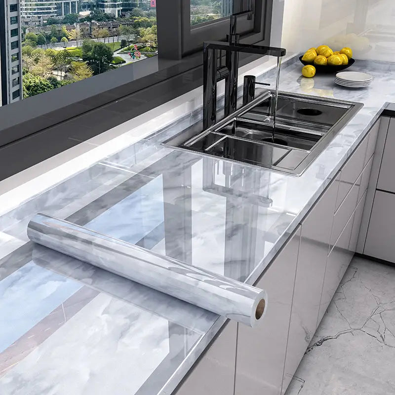 Self-adhesive marble wallpaper roll, light gray with soft white veining