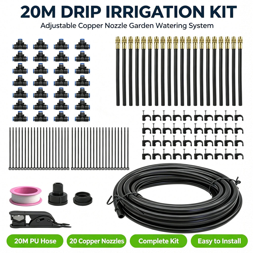 20M DIY Drip Irrigation System Kit, 360° Adjustable Copper Spray Nozzles Garden Watering Set with Pipe Cutter, Clips, Cable Ties, Adapters for Vegetable Garden, Potted Plants, Greenhouse