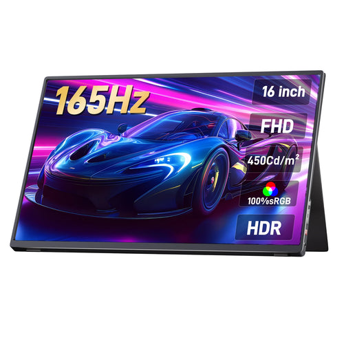 16-inch ultra-slim black portable monitor displaying a neon blue sports car, 165Hz, FHD, and HDR specs.