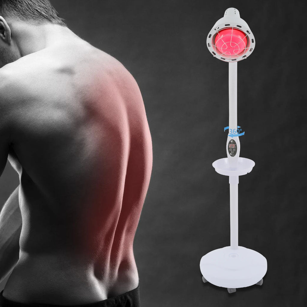 275W floor heat lamp for muscle pain relief, white adjustable stand with timer, remote, and 360-degree rotating head.