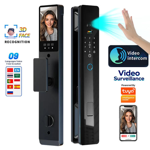 Black smart door lock with keypad, IC card slot, and video intercom camera