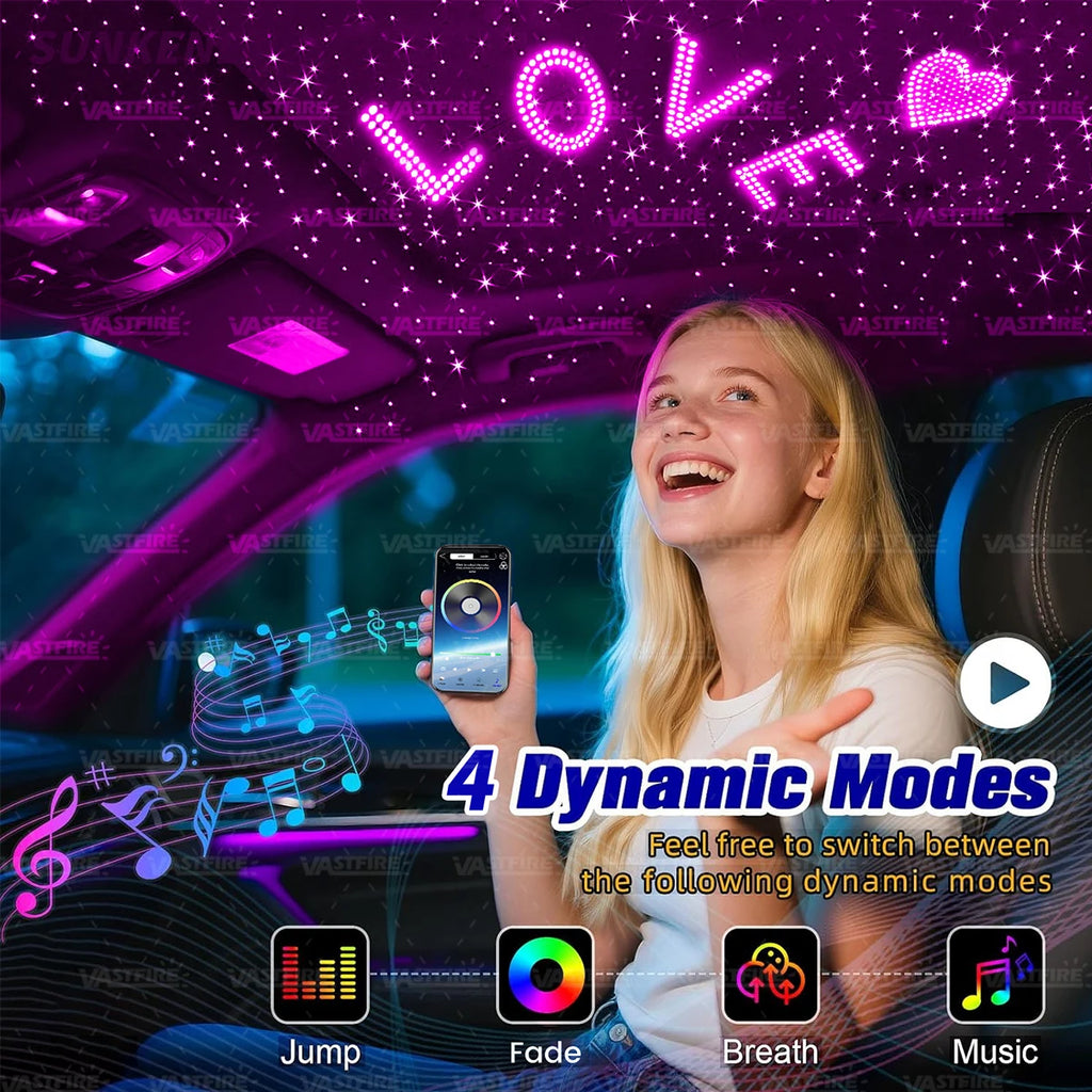 Car Home Use APP Control Fiber Optic Light Kit, 16W RGBW Music Mode Star Ceiling Sky Light with 500/1000 Strands 6.5ft/ 2m Optical Fiber Cable, and More Than 10 Million Colors