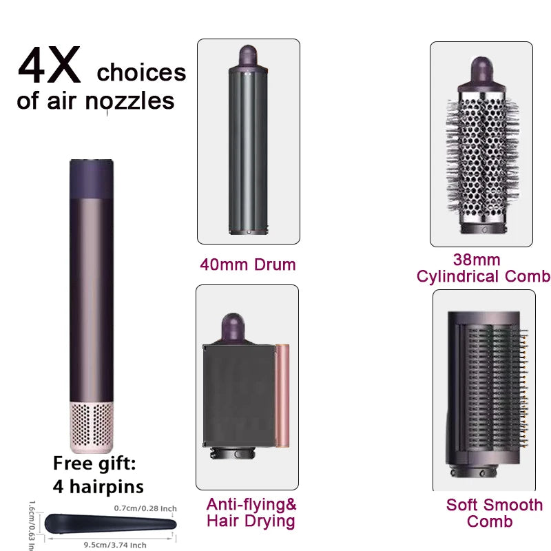 SenCiciMen 6-in-1 purple hair styler kit with 40mm barrel, 38mm brush, dryer, smooth comb, and 4 free hairpins.