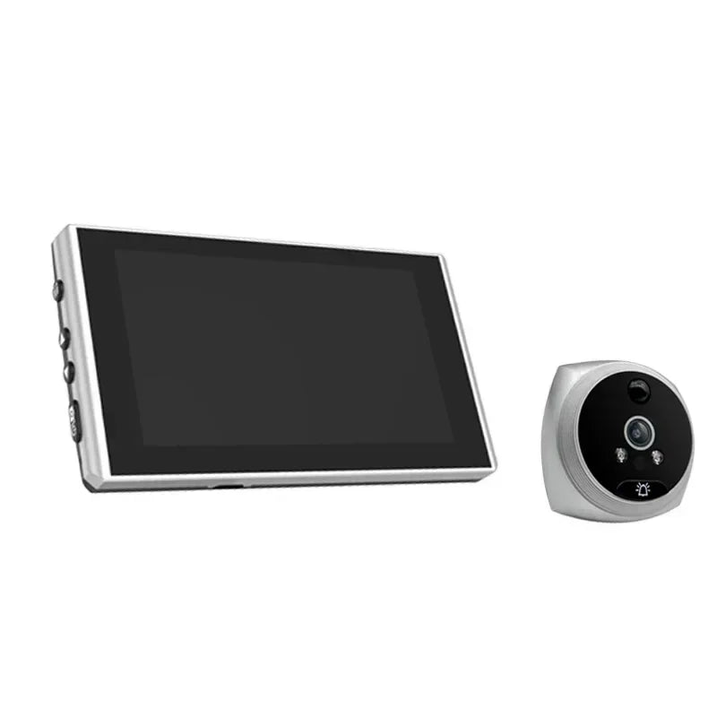 Silver/gray door peephole camera monitor with 4.5-inch screen and round gray outdoor camera