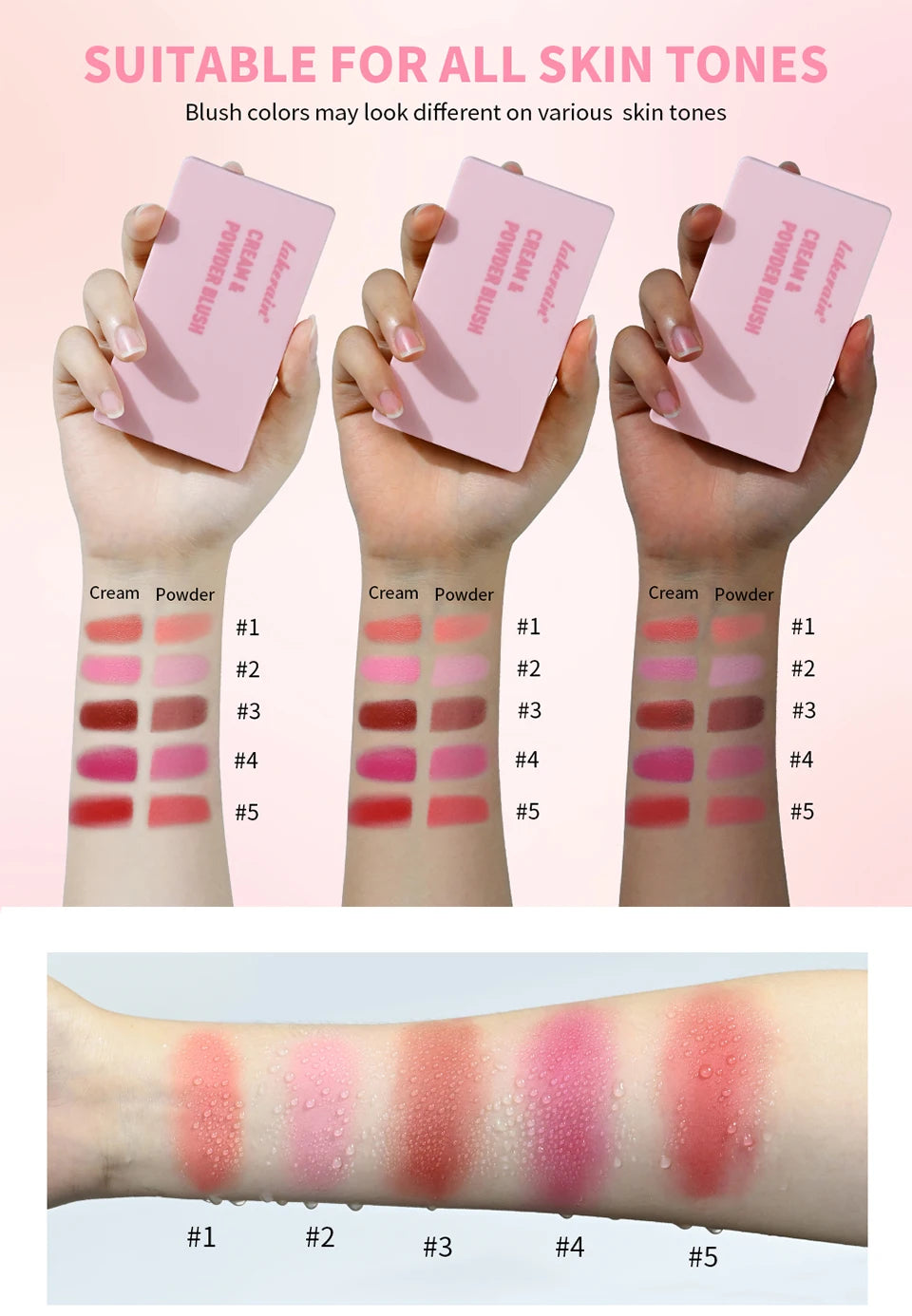 Tidesmit cream and powder blush palette swatch showing long-lasting high pigment peach and pink face makeup shades