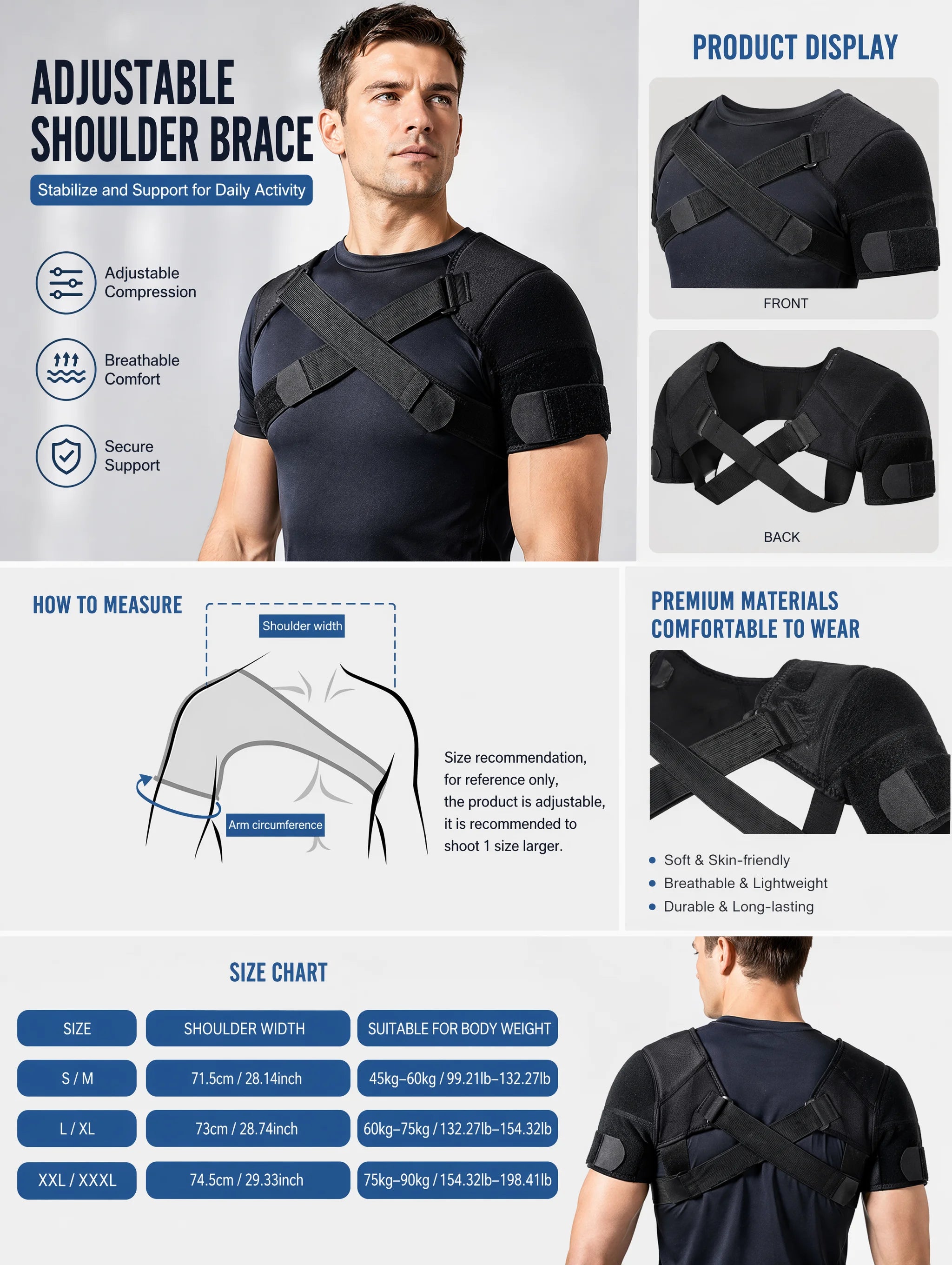 Double Shoulder Brace Adjustable Breathable Neoprene Compression Support Cross Strap for Men Women Sports Injury Pain Relief