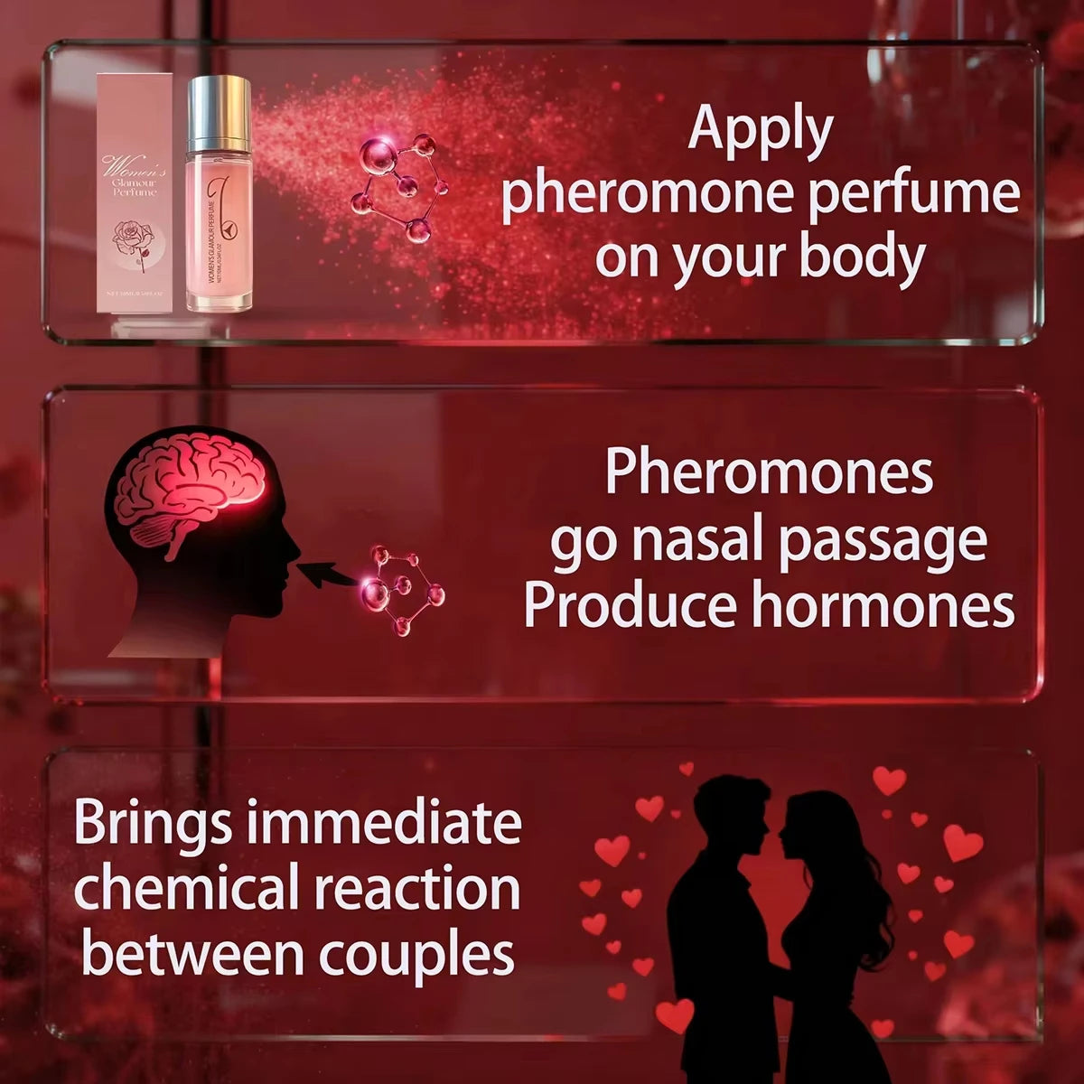 Women’s Glamour Rose Pheromone Perfume, fresh floral scent in a portable glass rollerball bottle for her.