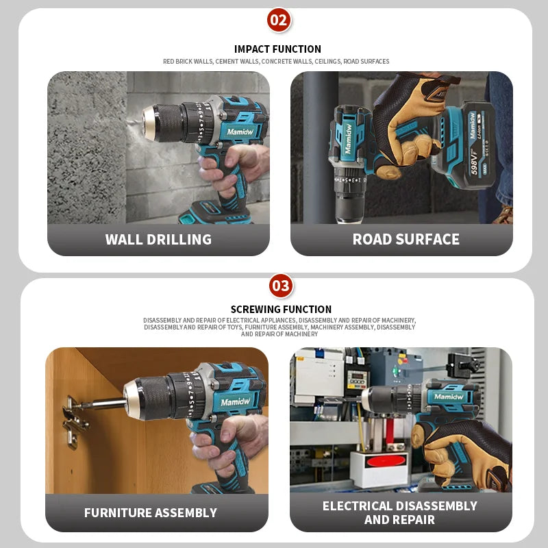 Brushless Cordless Impact Drill 120N.m, 3-in-1 Wireless Electric Screwdriver Hammer Drill, 2 Speed for Concrete Wood Metal Drilling, for makita 18V Battery