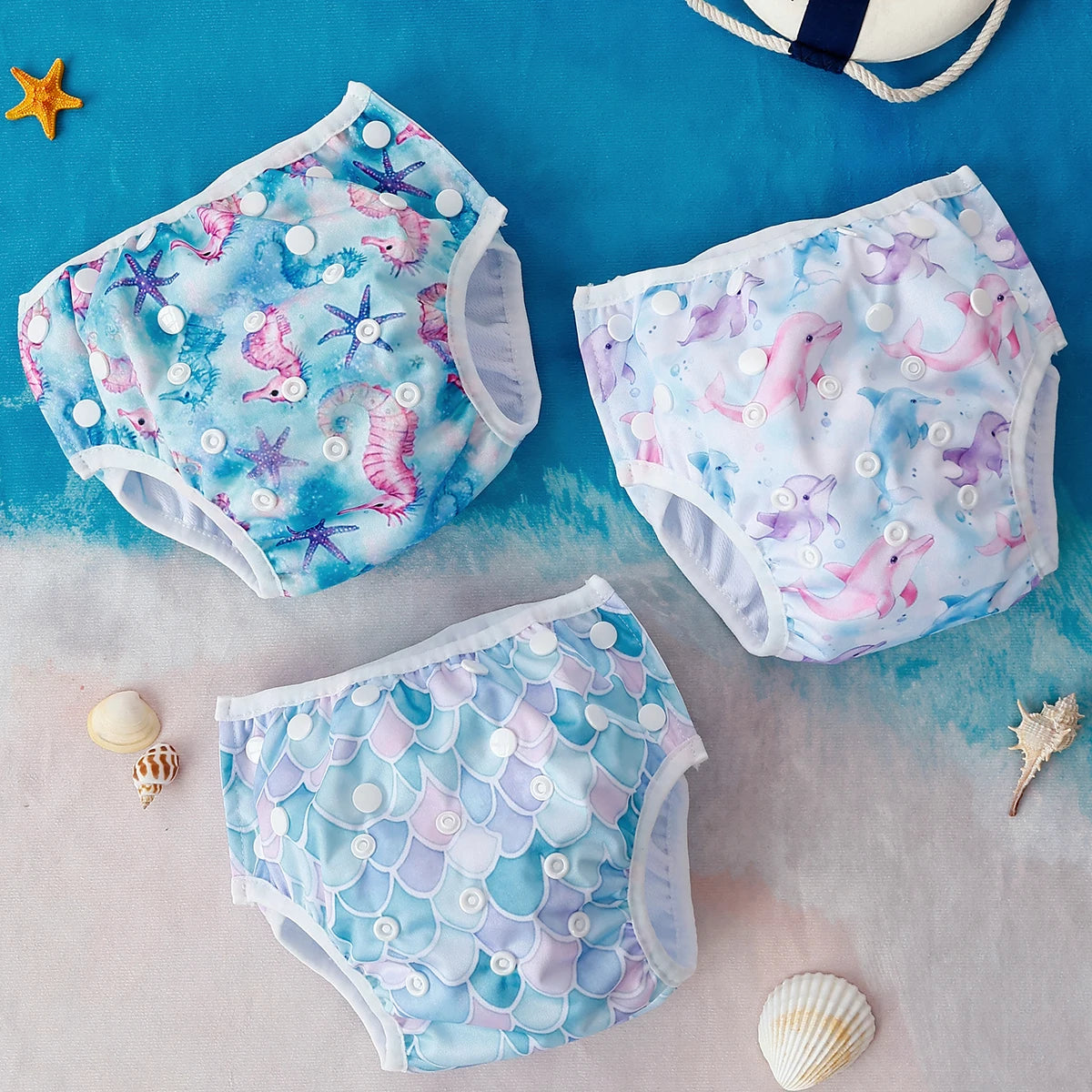 Three reusable baby swim diapers with ocean, dolphin, and mermaid scale prints on a beach background.