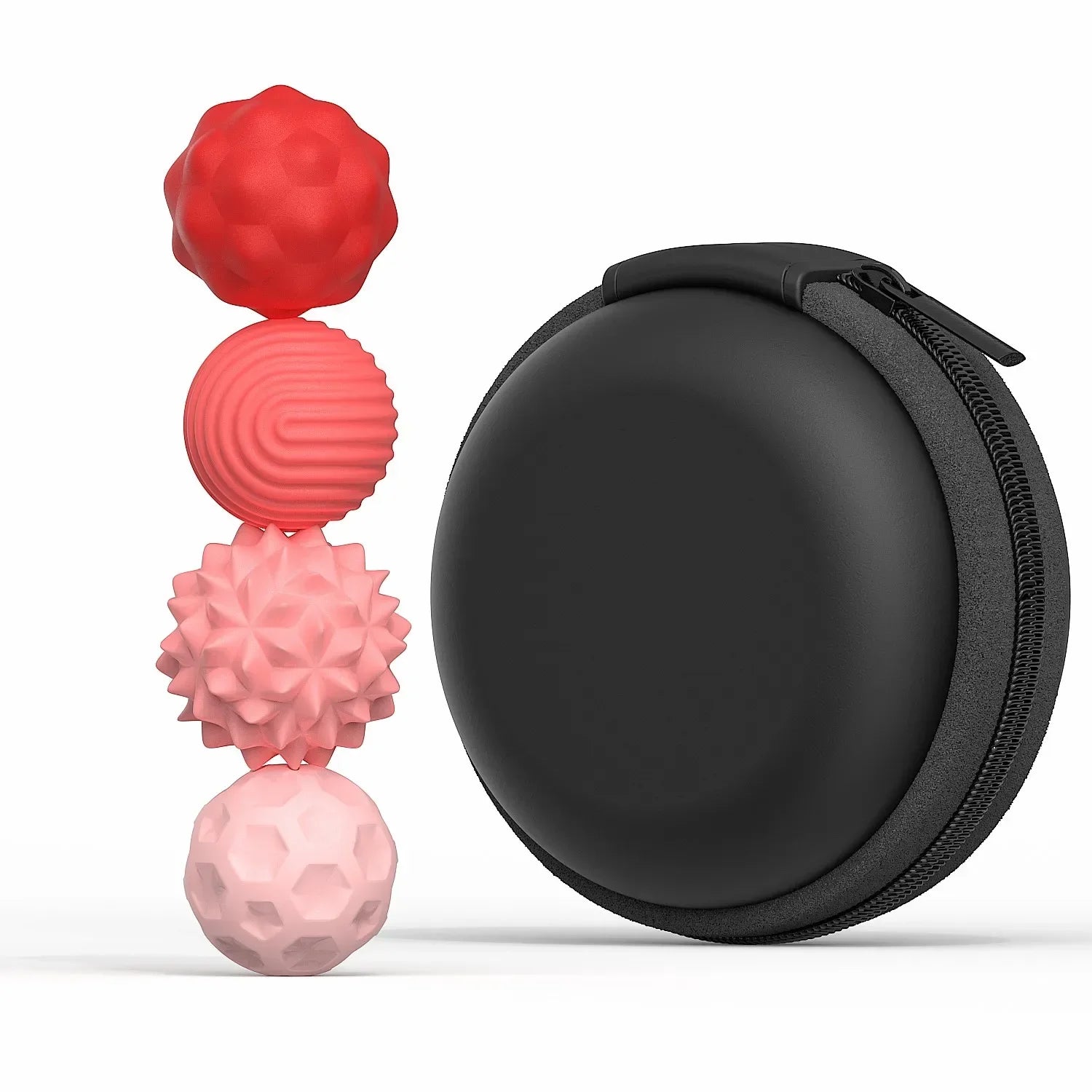 Four textured silicone massage balls in shades of red and pink, with a round black zippered carrying case.