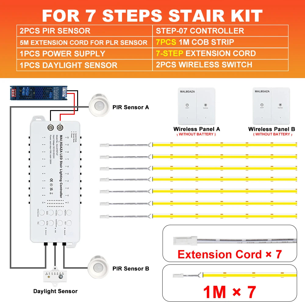LED stair light kit package diagram for 7 steps: PIR sensors and COB LED strip controller