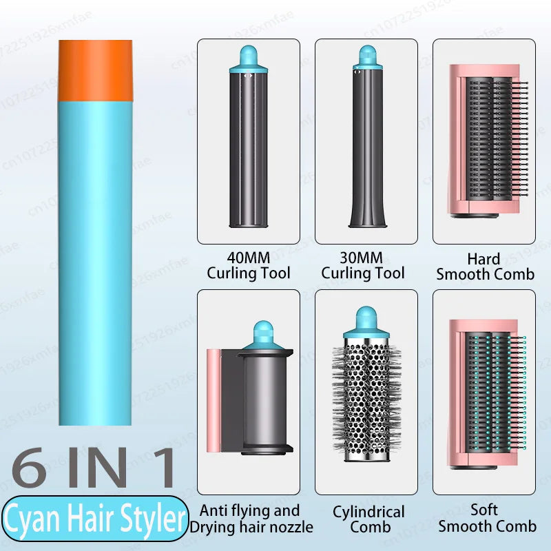 6-in-1 cyan hair styler set with high-speed ionic blow dryer, curling tools, and smoothing combs for professional hair.