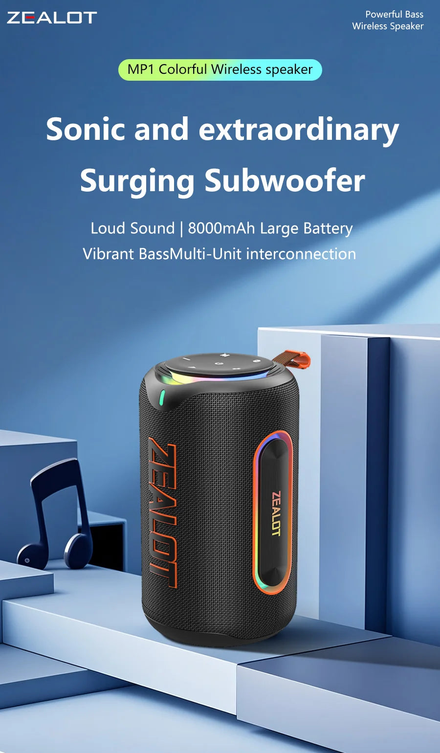 ZEALOT-MP1 60W Wireless Speakers,RGB Light,30 Hours Playtime,, Waterproof IPX 6,Wireless Speaker, Dual Pairing, 8000mAh Battery.