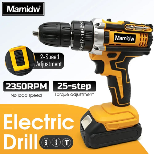 Yellow-and-black cordless drill driver with 2-speed adjustable chuck