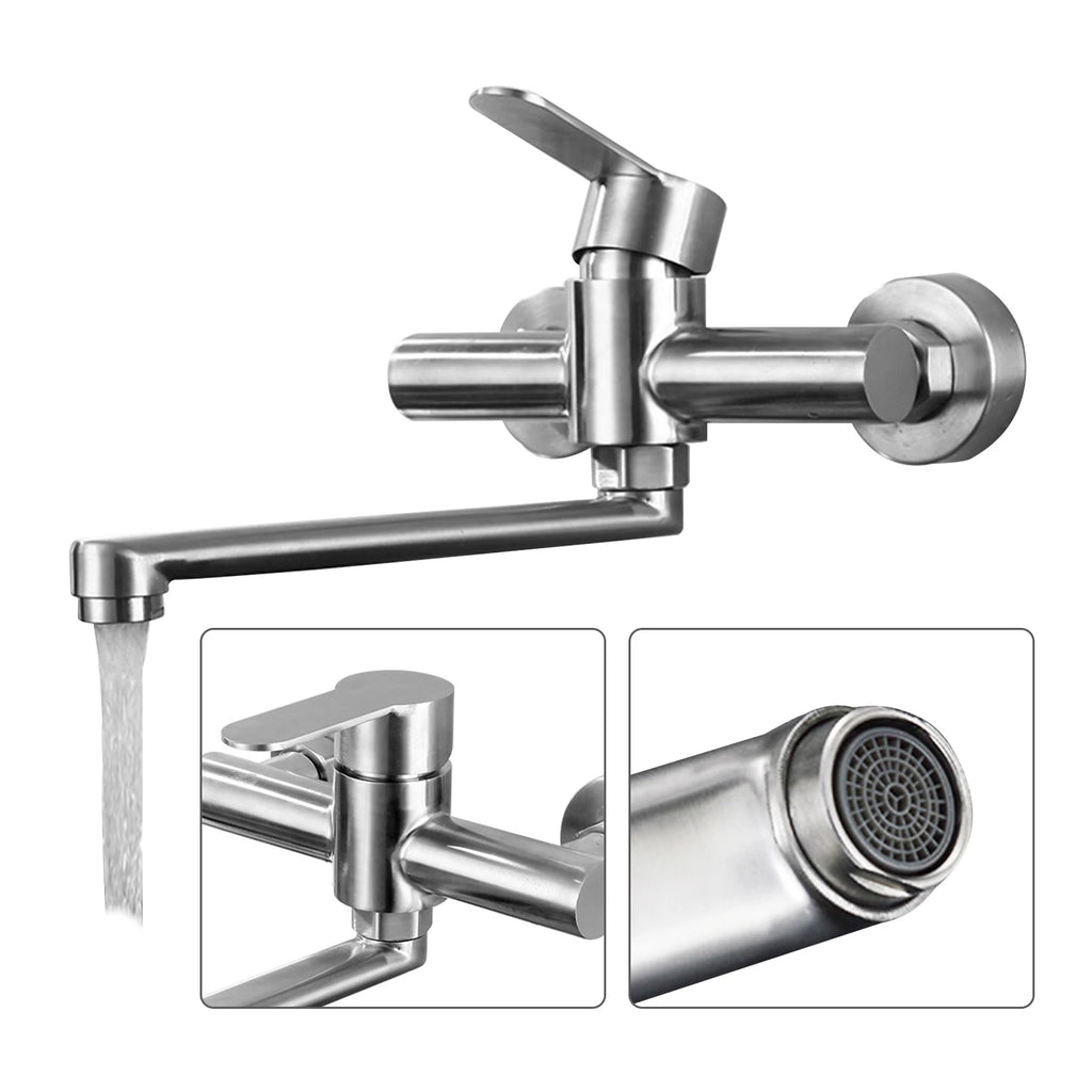 Silver Wall-Mounted Stainless Steel Rotatable Kitchen Faucet 360° Single Handle Hot and Cold Water Faucet For Both Homes Etc