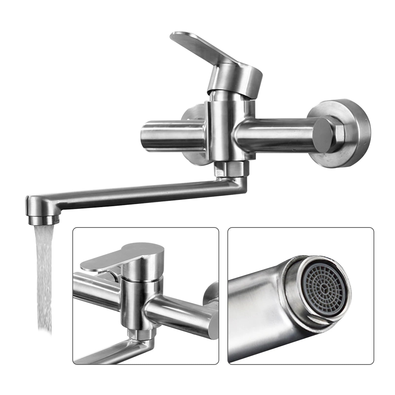 Silver Wall-Mounted Stainless Steel Rotatable Kitchen Faucet 360° Single Handle Hot and Cold Water Faucet For Both Homes Etc