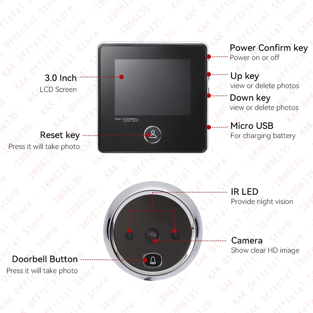 KAK 2.8" LCD Screen Electronic Door Viewer Bell IR Night Door Camera Photo Recording Digital Door Viewer Smart Peephole Doorbell