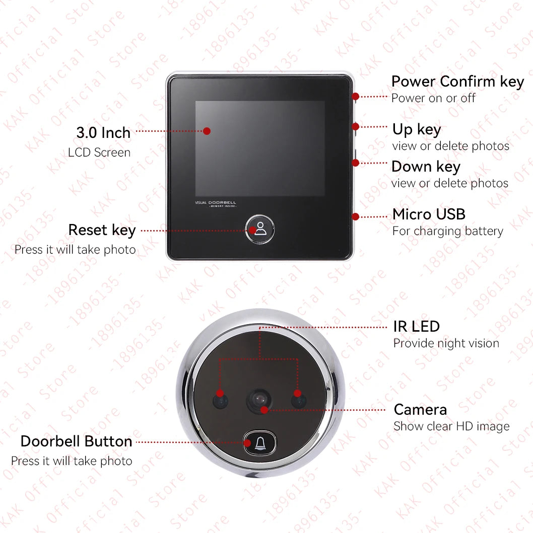 KAK 2.8" LCD Screen Electronic Door Viewer Bell IR Night Door Camera Photo Recording Digital Door Viewer Smart Peephole Doorbell