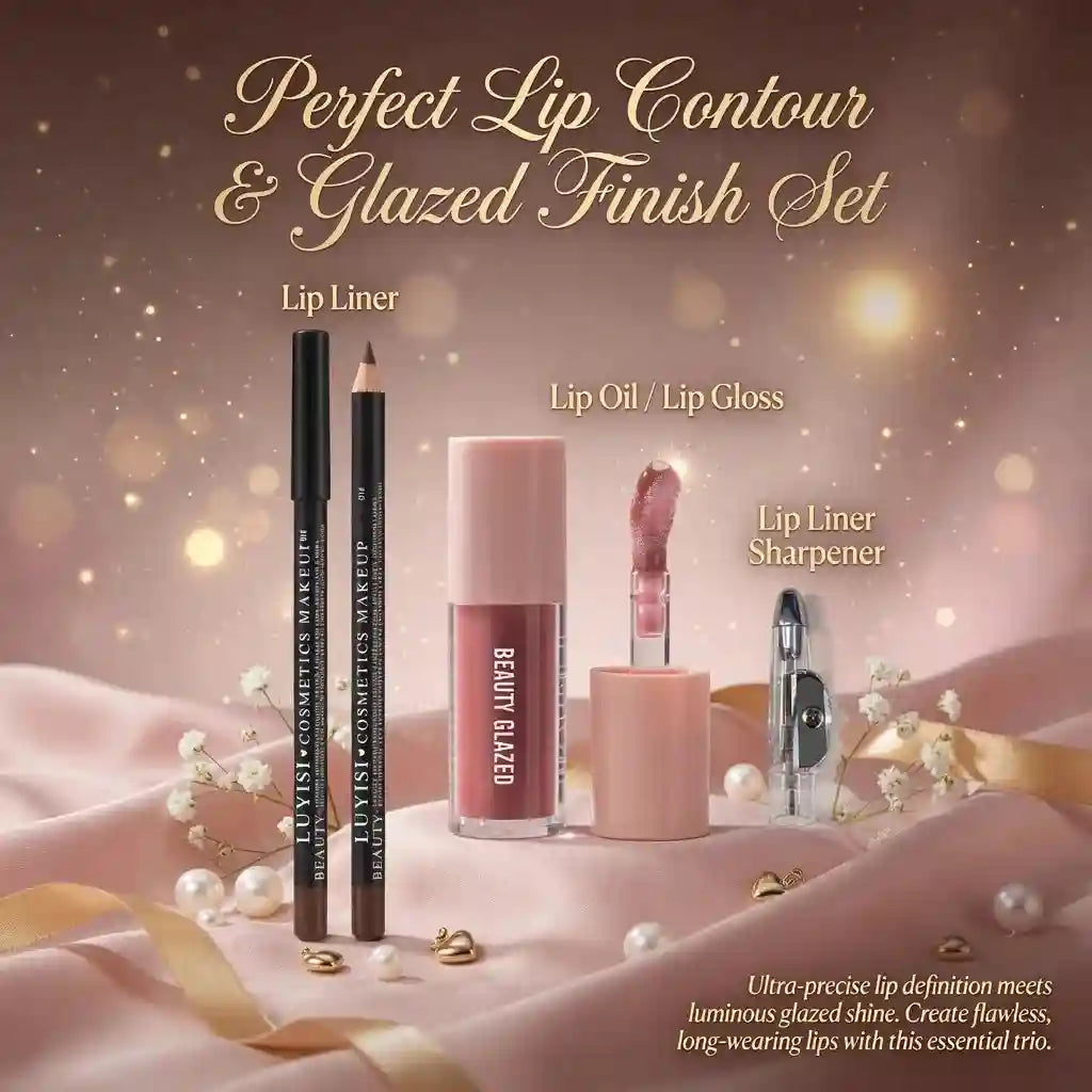 3pcs lip makeup set: blendable brown lip liner, glossy pink lip oil, and sharpener for a flawless, defined finish.