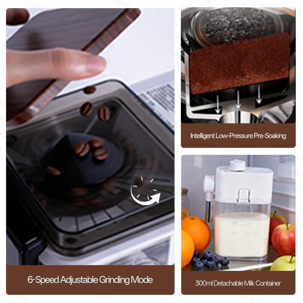 Cafovo espresso machine features 6-speed coffee bean grinder, pre-soaking system, and 300ml detachable milk container.
