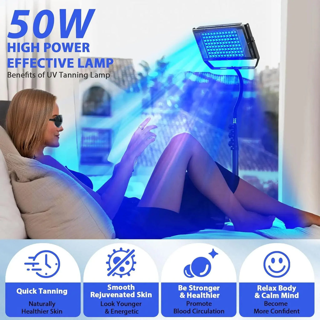 50W LED tanning lamp with 96 blue light beads on adjustable tripod stand for home body tanning and skin rejuvenation.