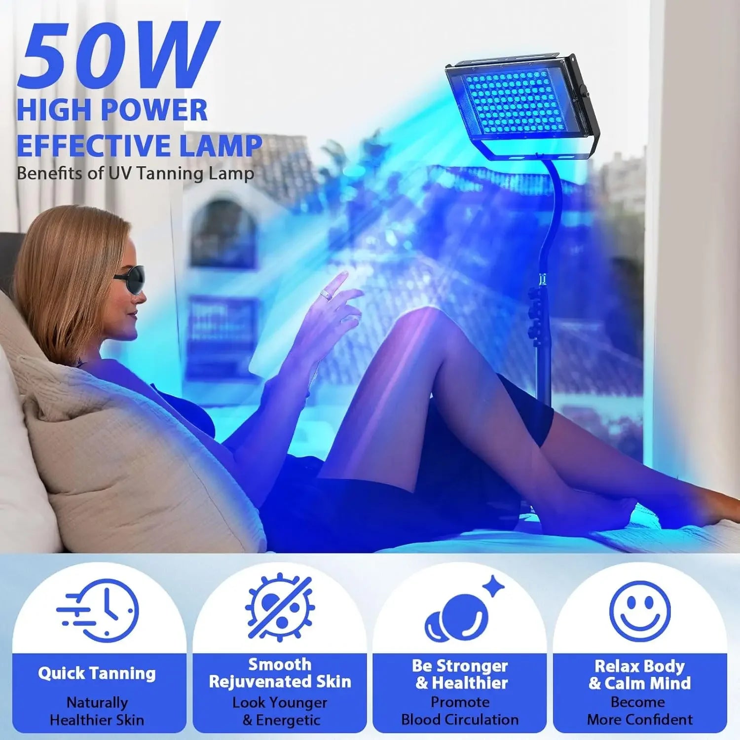 50W LED tanning lamp with 96 blue light beads on adjustable tripod stand for home body tanning and skin rejuvenation.
