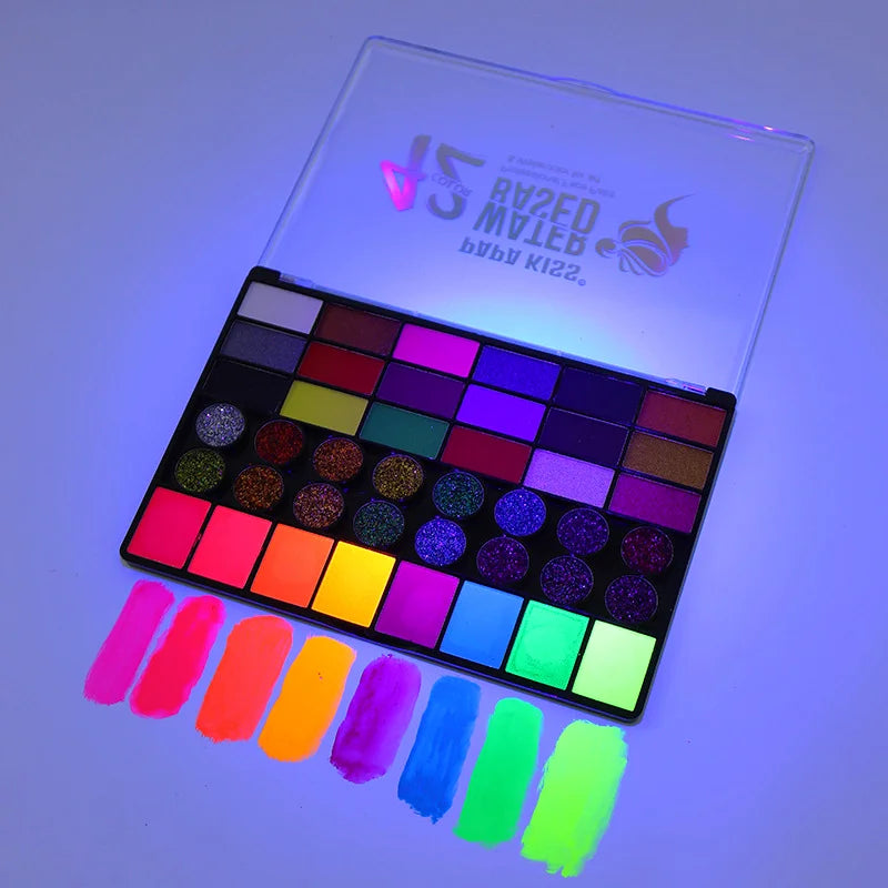 Tidesmit 42 color face and body paint set neon glow water soluble makeup palette detail view for festival art