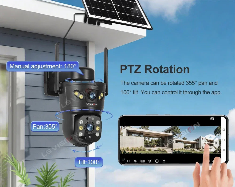 LS VISION Dual-Screen 4G/Wifi Outdoor Solar Camera Security 4K PIR Human Tracking CCTV Surveillance Camera V380 Pro Waterproof