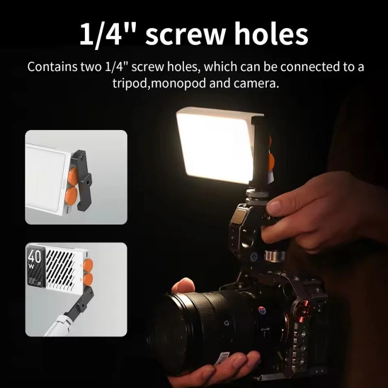 Portable LED video light with 1/4" mounting holes, shown attached to a camera and monopod for studio lighting.