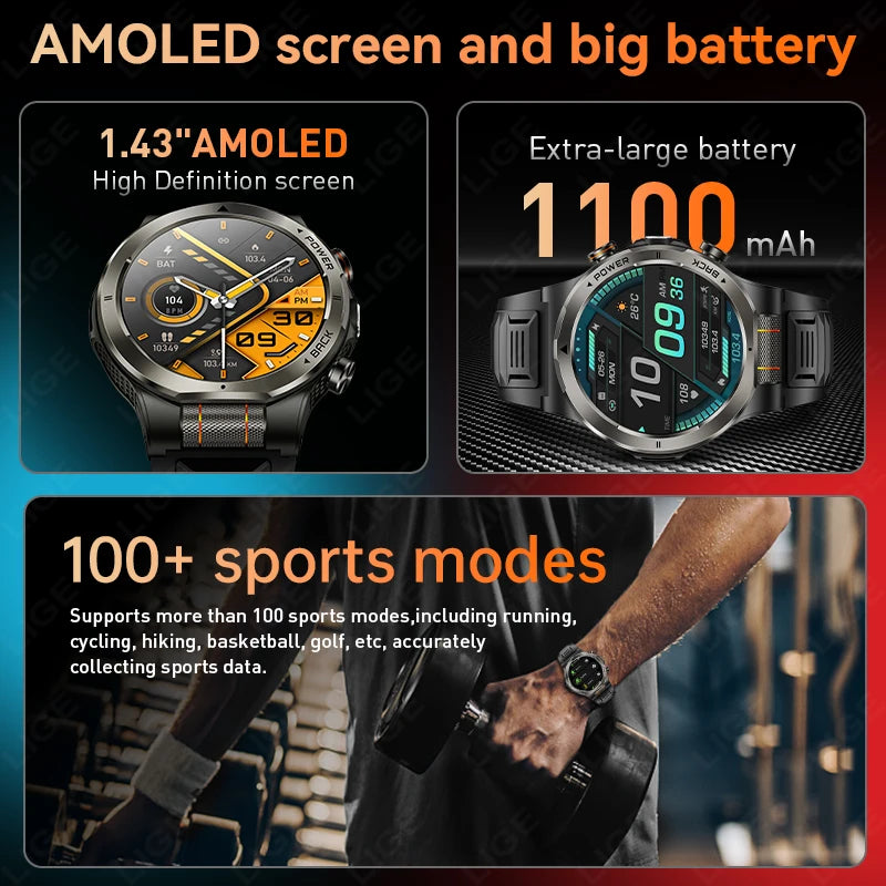 LIGE New 1100mAh Super Capacity Battery Adult Smart Watch 1.43" AMOLED Screen Call 3ATM Waterproof Outdoor Sports Men Smartwatch