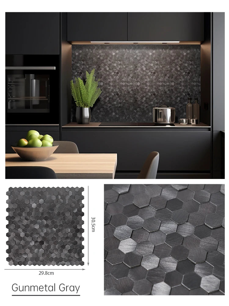 Gunmetal gray hexagon 3D metal peel-and-stick backsplash tiles, self-adhesive wall squares