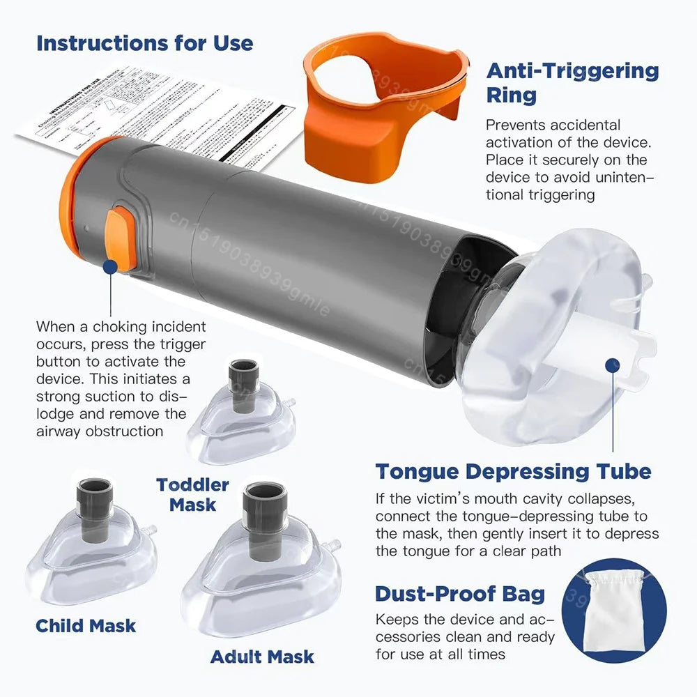Grey anti-choking rescue device with adult and child masks, suction pump, safety ring, and tongue-depressing tube.