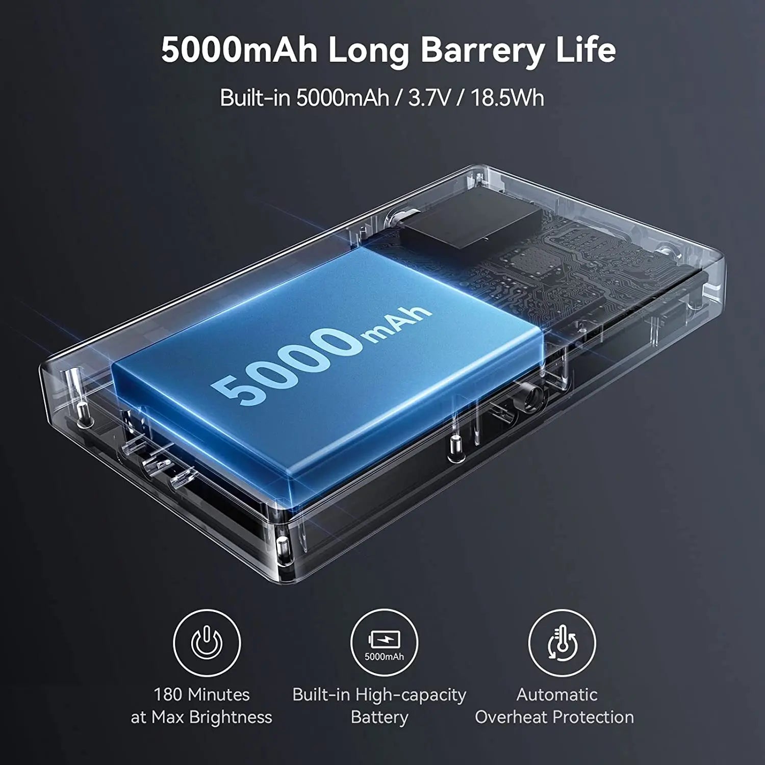 Transparent rectangular portable 5000mAh battery pack showing internal circuits and a blue lithium-ion battery.