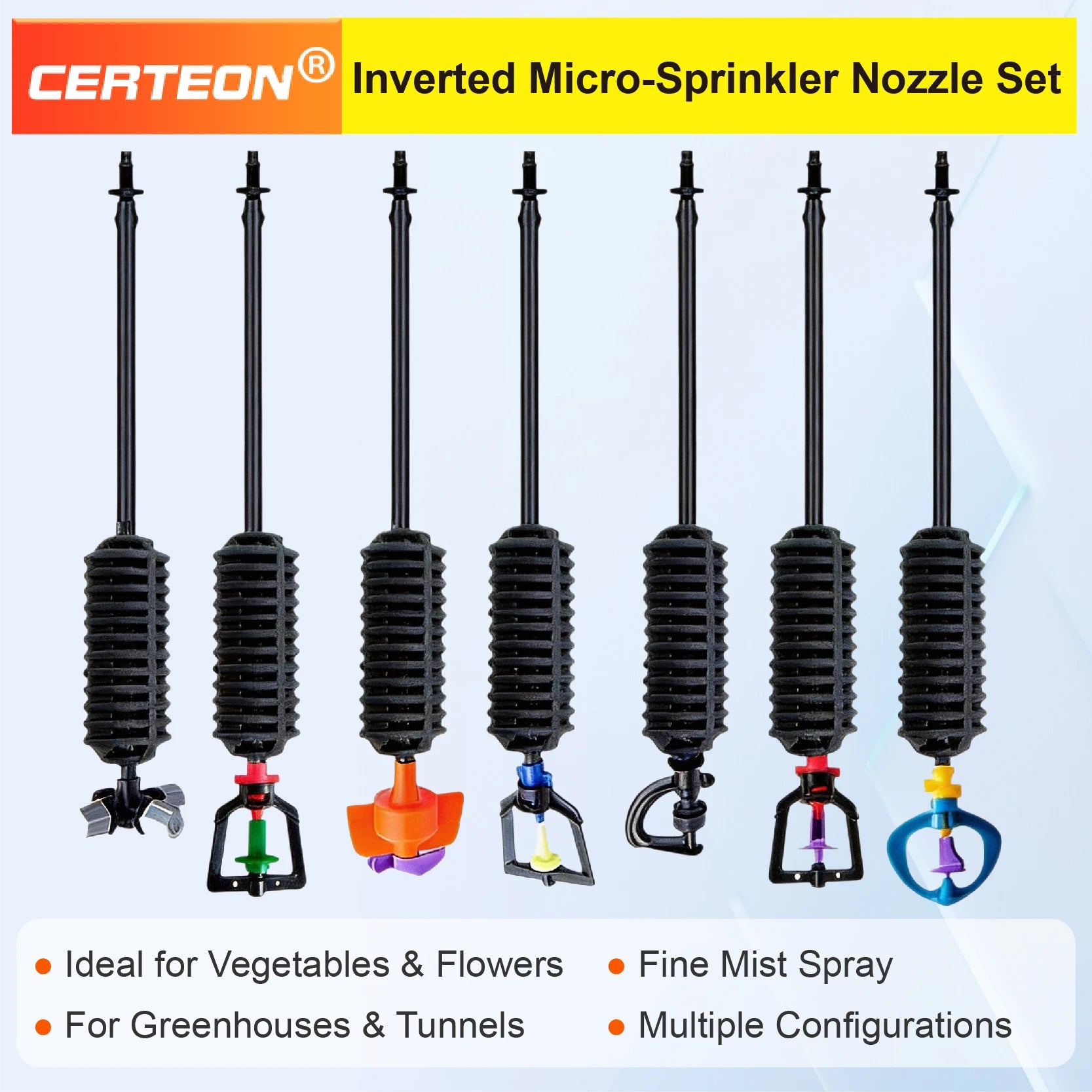 Inverted micro-sprinkler nozzle set with multiple black stakes and colored outlet caps