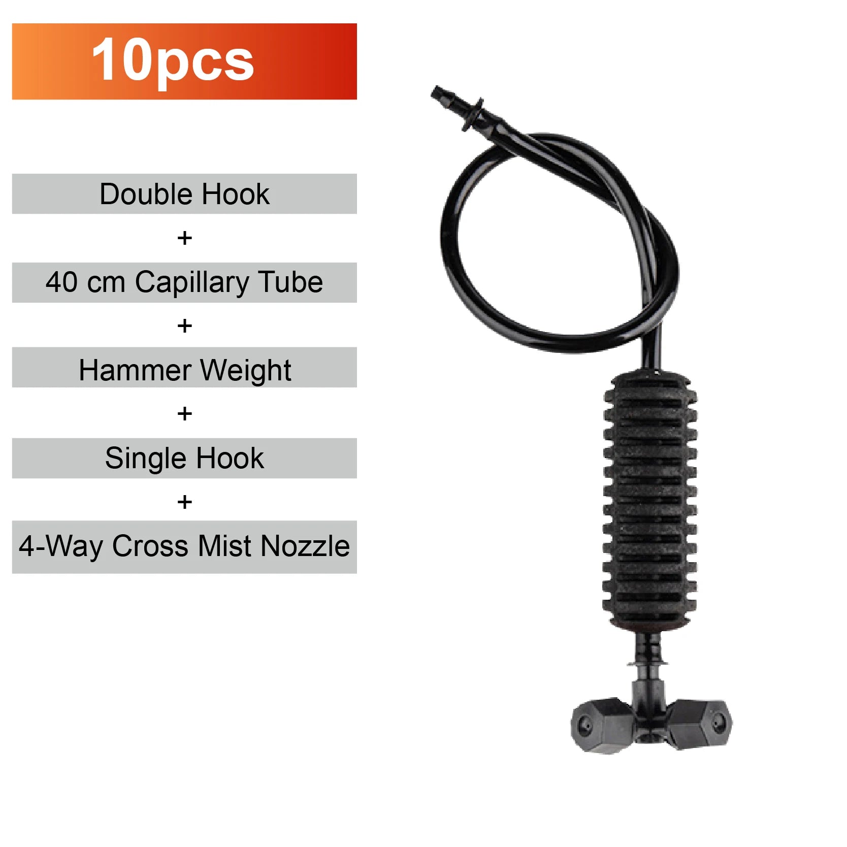 Hanging misting nozzle kit with black tube, weight, and 4-way cross mist nozzle