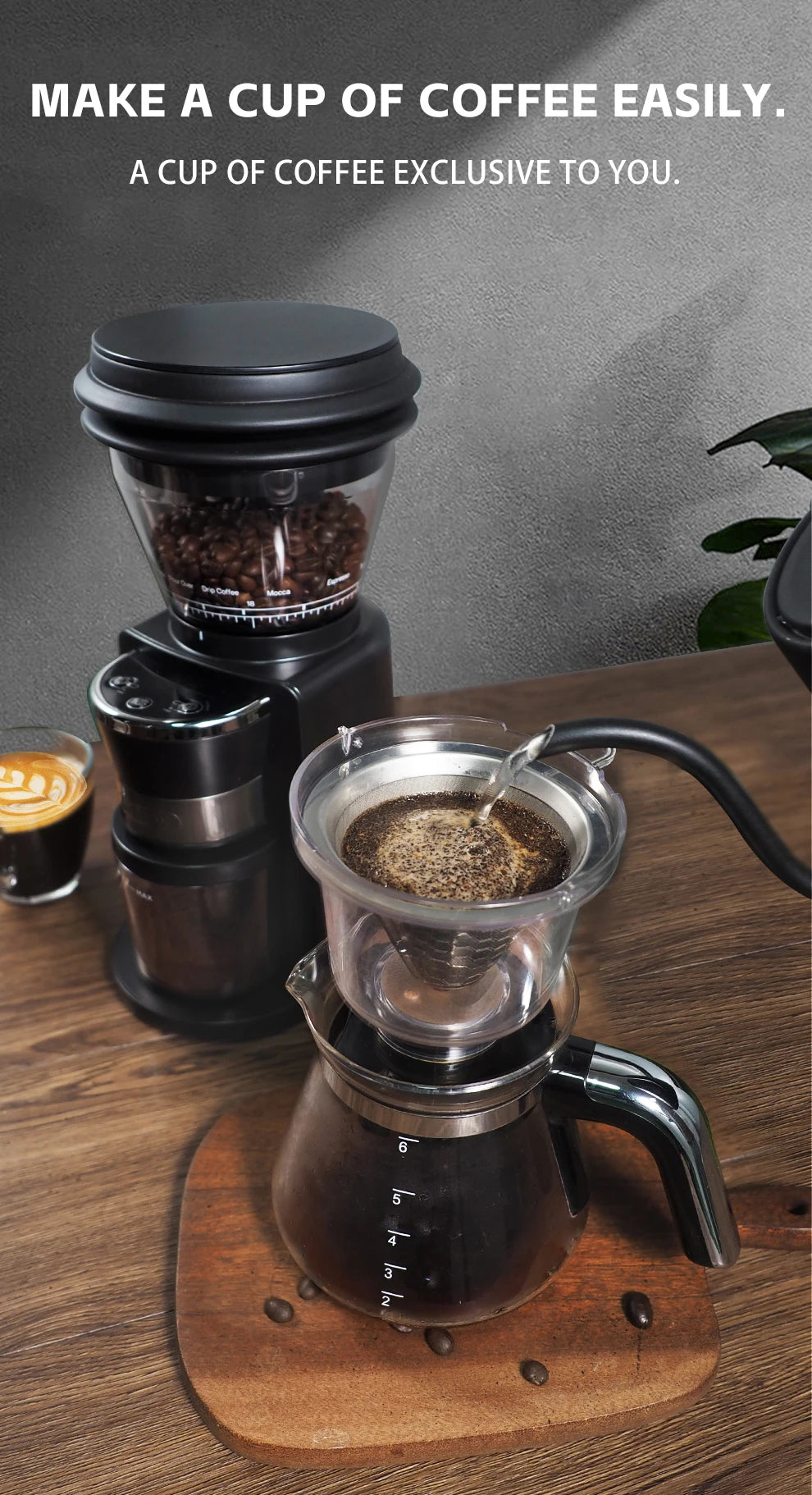 Black 6-cup drip coffee maker with integrated grinder and glass carafe pouring hot water into a cone filter.