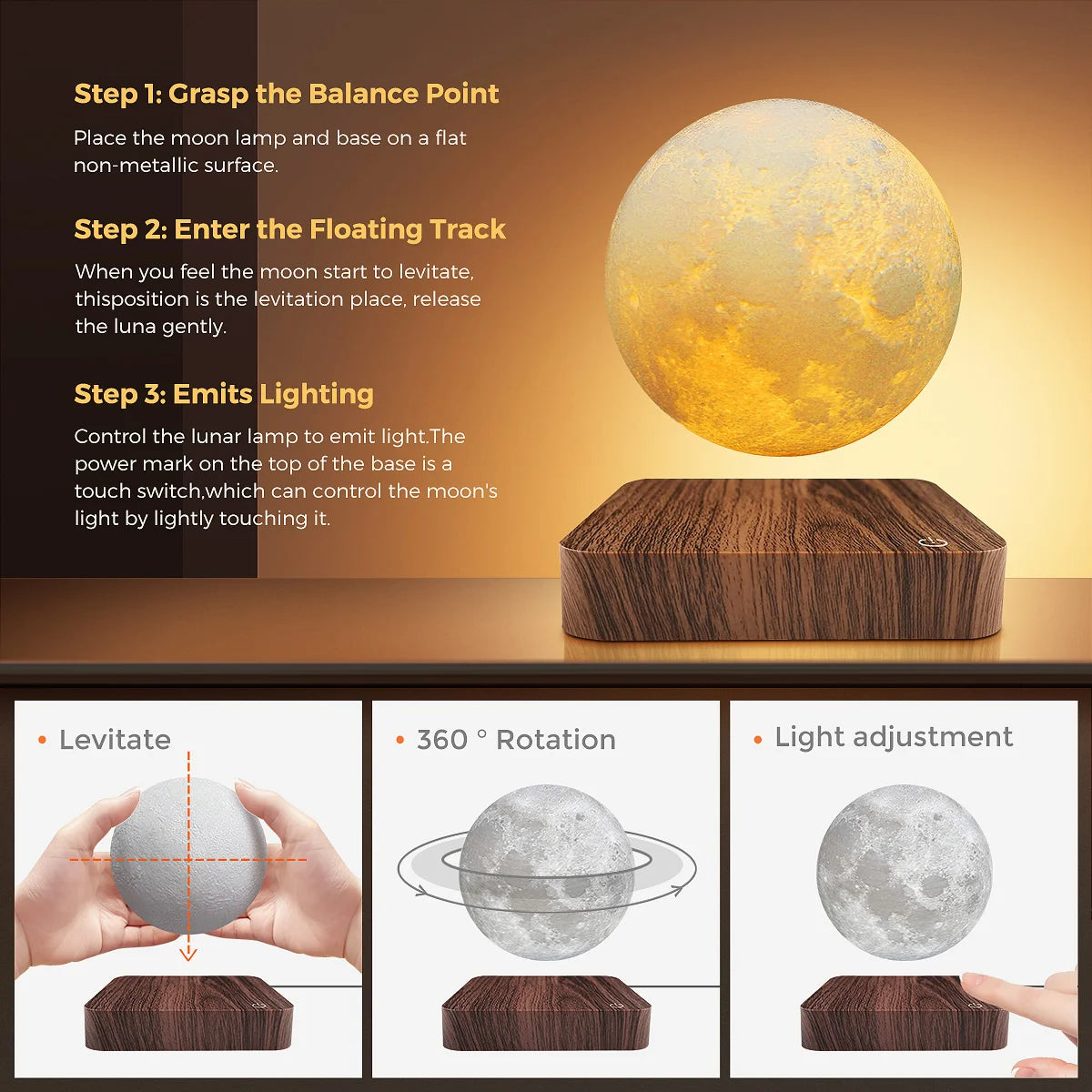 Levitating Moon Lamp | 3D Magnetic Floating LED Light by Tidesmit Tidesmit