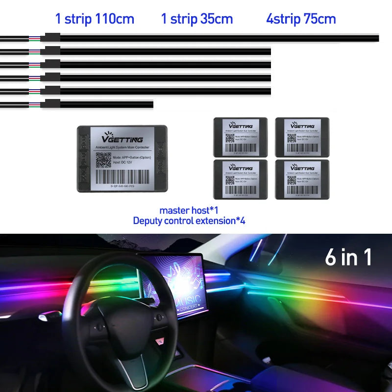 Car ambient LED light strips with controllers, including six strips of various lengths for interior dashboard lighting.