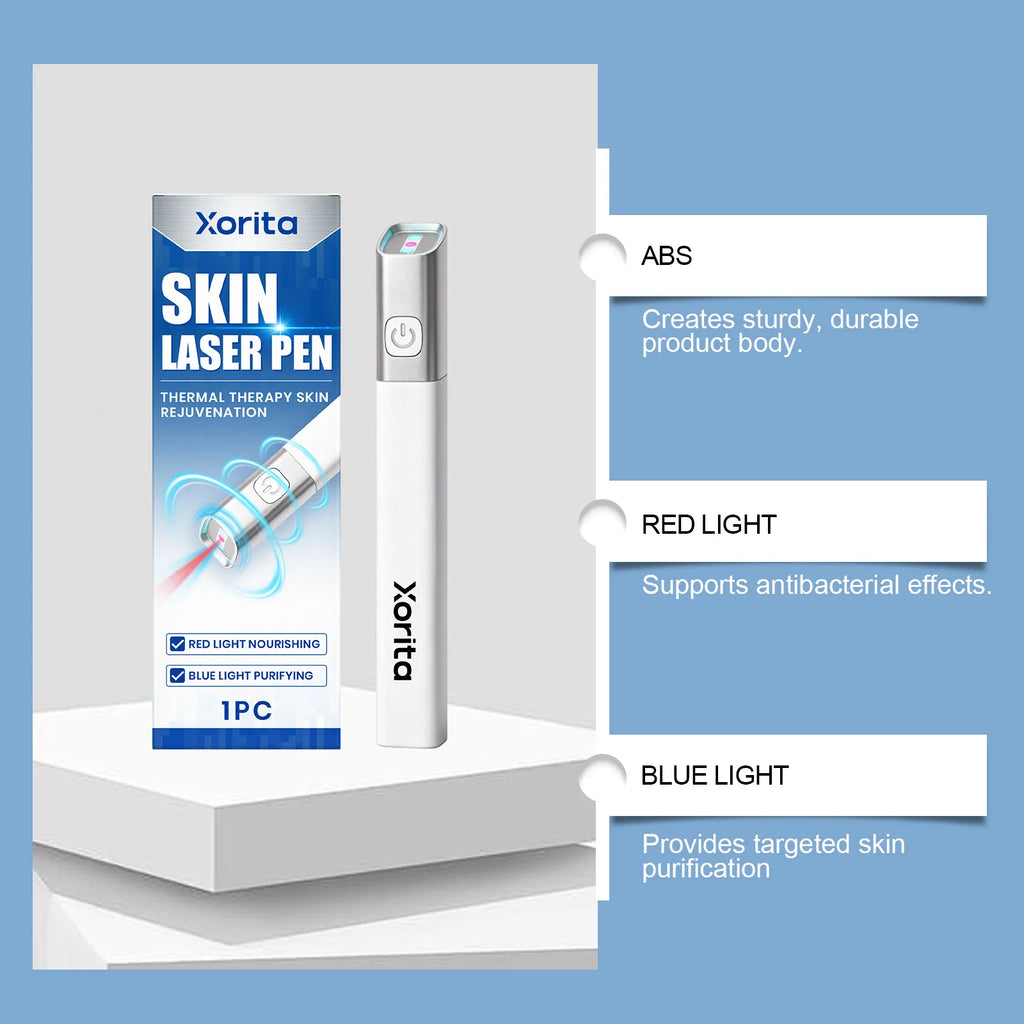 Xorita portable laser plasma pen for skin tag, freckle, and mole removal with red and blue light therapy features.