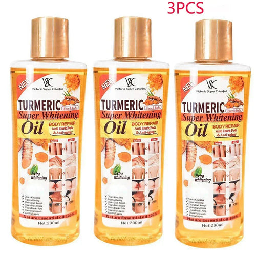 3-pack of turmeric serum in yellow bottles. Anti-inflammatory body repair oil for dark spots and skin whitening.