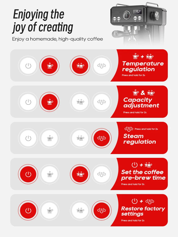 Black HiBrew espresso machine with digital display and button control guide for temperature, capacity, and steam.
