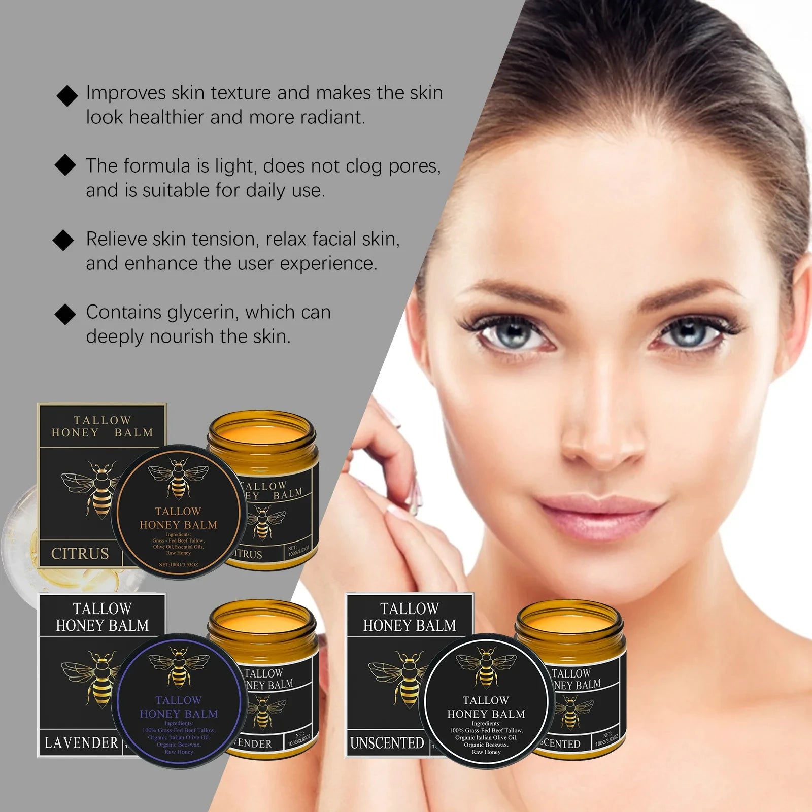 Organic Grass-Fed Beef Tallow Balm With Honey Soothen Nourishing Dry Skin Improves Elasticity Moisturizing Cream For Soft Smooth